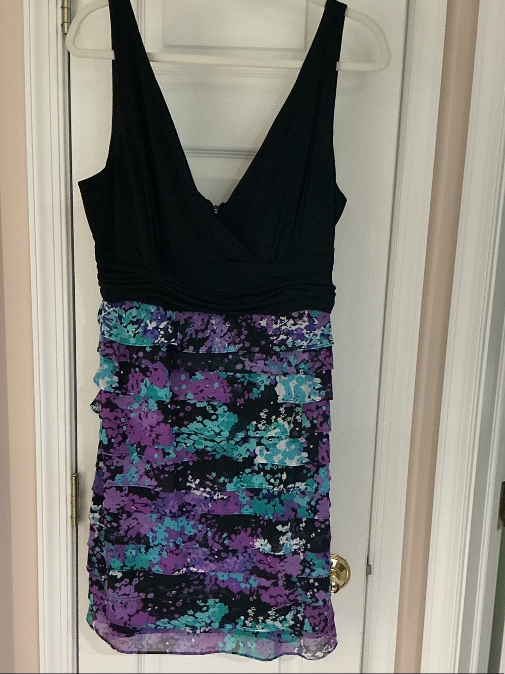 S.L. Fashions Black Dress with Purple & Teal Floral Tiered Skirt